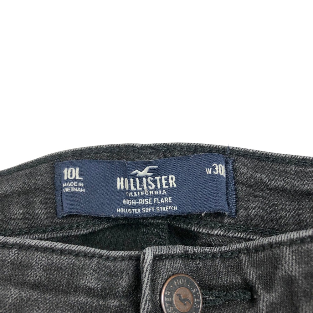 Hollister High Rise Flare Jeans Black Wash Soft Stretch Size 10L W30L Boho Retro - Picture 7 of 9